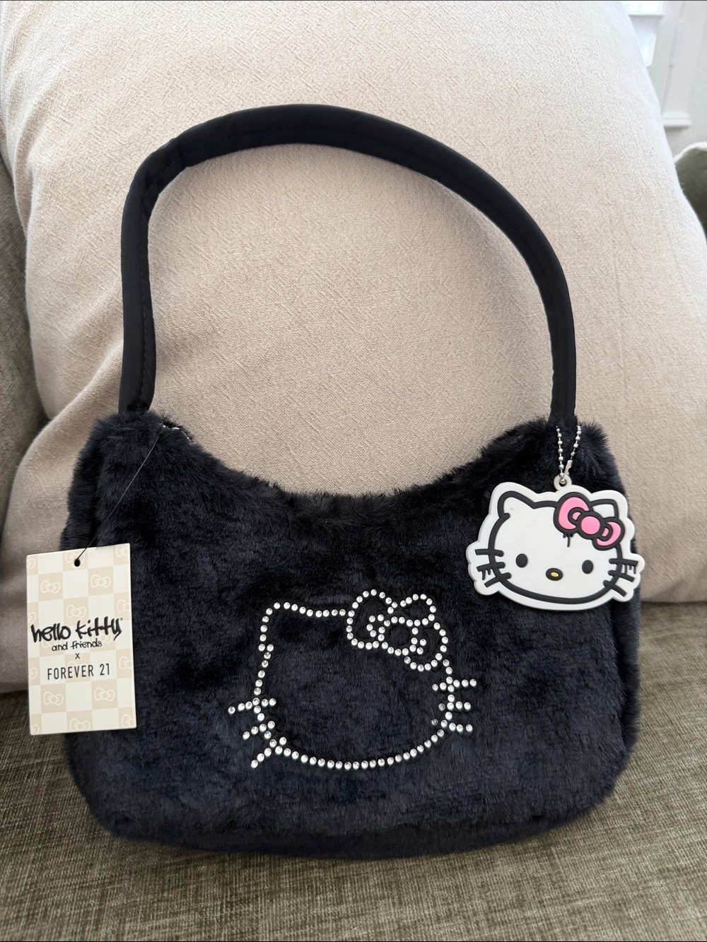 Forever 21 Black Hello Kitty Faux Fur Shoulder Bag with Charm